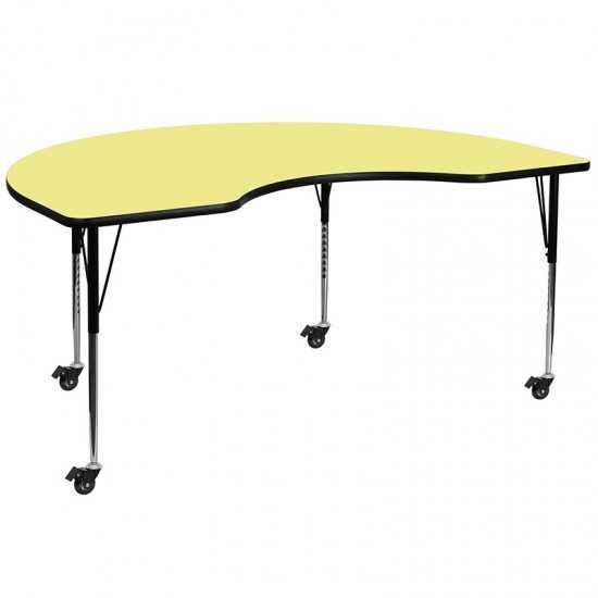 Mobile 48''W x 96''L Kidney Yellow Thermal Laminate Activity Table - Standard Height Adjustable Legs