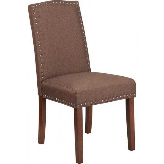 Brown Fabric Parsons Chair with Silver Accent Nail Trim