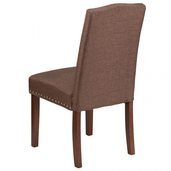 Brown Fabric Parsons Chair with Silver Accent Nail Trim