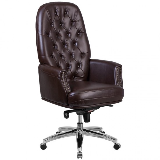 High Back Traditional Tufted Brown LeatherSoft Multifunction Executive Swivel Ergonomic Office Chair with Arms