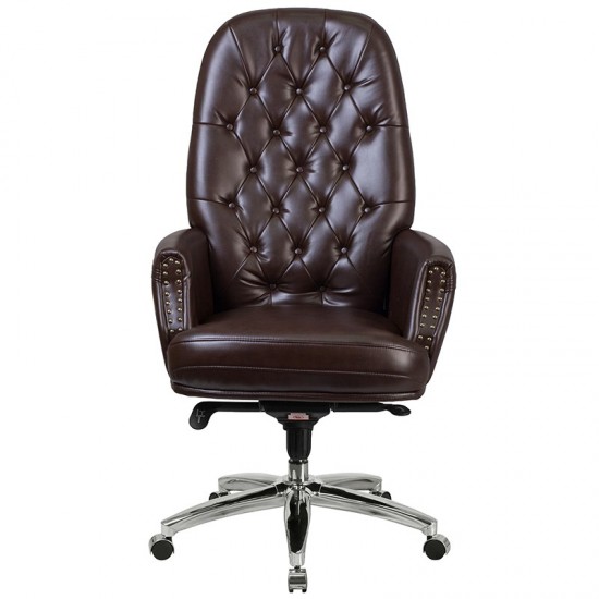 High Back Traditional Tufted Brown LeatherSoft Multifunction Executive Swivel Ergonomic Office Chair with Arms