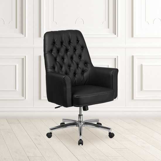 Mid-Back Traditional Tufted Black LeatherSoft Executive Swivel Office Chair with Arms