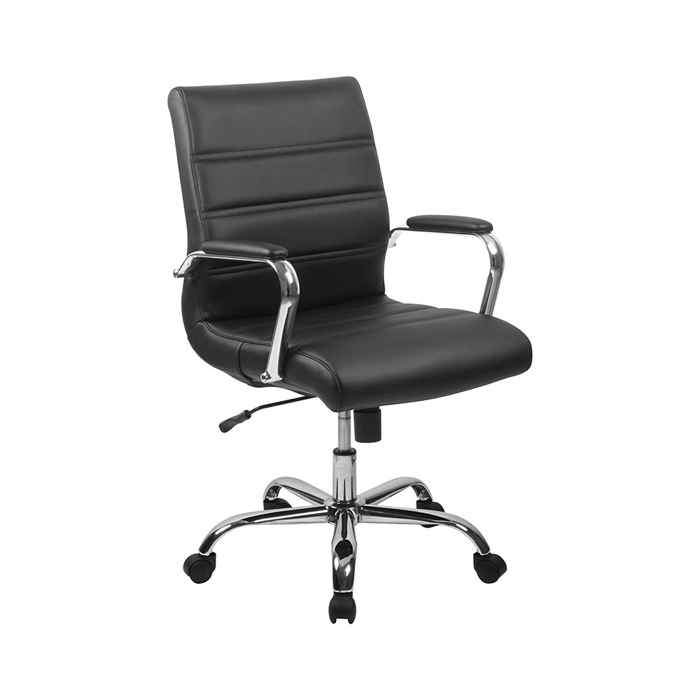 Mid-Back Black LeatherSoft Executive Swivel Office Chair with Chrome Base and Arms