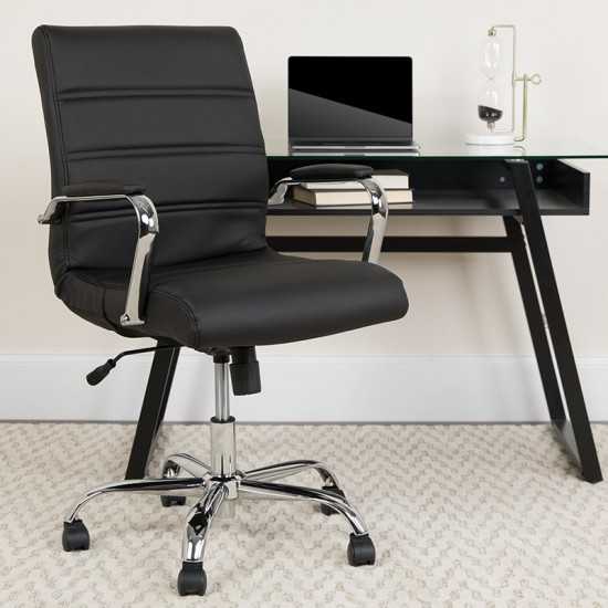 Mid-Back Black LeatherSoft Executive Swivel Office Chair with Chrome Base and Arms