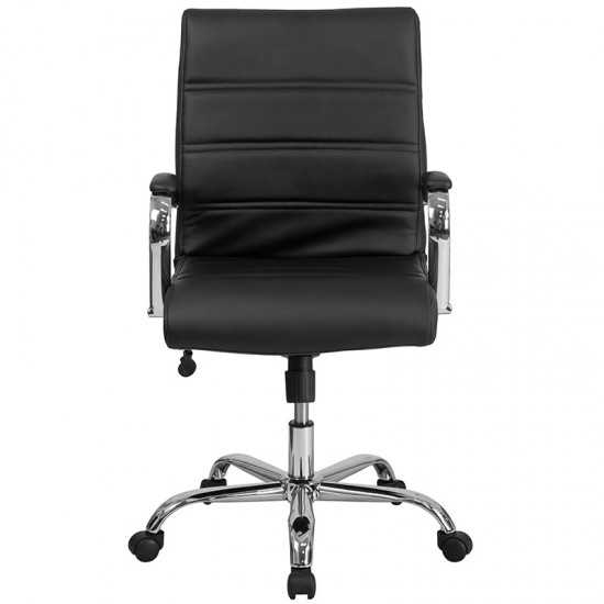 Mid-Back Black LeatherSoft Executive Swivel Office Chair with Chrome Base and Arms