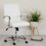 Mid-Back White LeatherSoft Executive Swivel Office Chair with Chrome Base and Arms