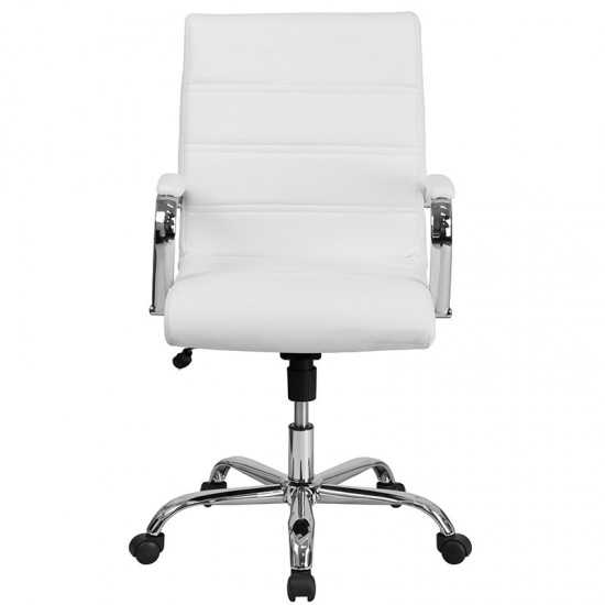 Mid-Back White LeatherSoft Executive Swivel Office Chair with Chrome Base and Arms