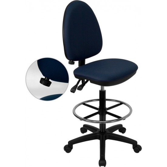 Mid-Back Navy Blue Fabric Multifunction Ergonomic Drafting Chair with Adjustable Lumbar Support