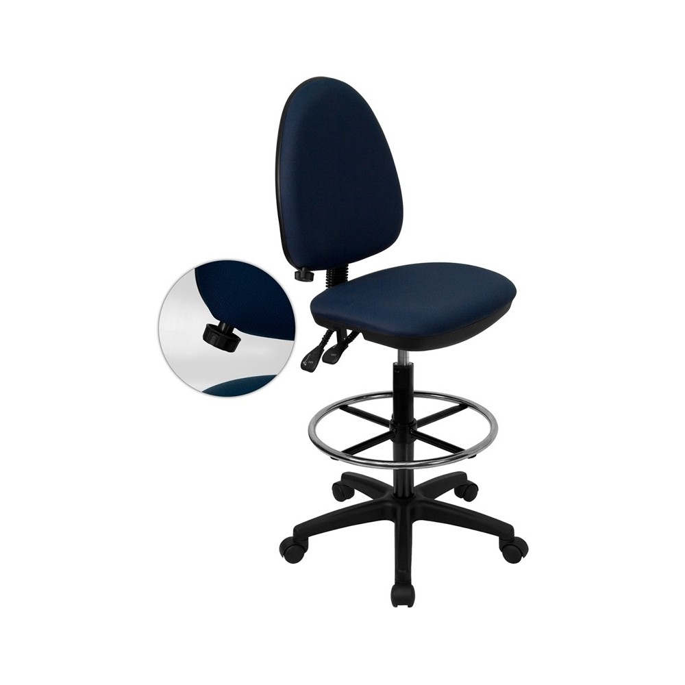 Mid-Back Navy Blue Fabric Multifunction Ergonomic Drafting Chair with Adjustable Lumbar Support