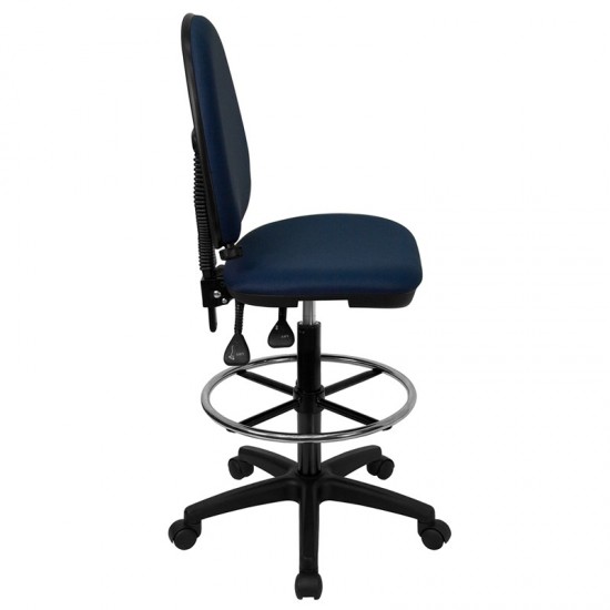 Mid-Back Navy Blue Fabric Multifunction Ergonomic Drafting Chair with Adjustable Lumbar Support