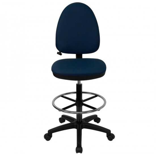 Mid-Back Navy Blue Fabric Multifunction Ergonomic Drafting Chair with Adjustable Lumbar Support