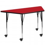 Mobile 22.5''W x 45''L Trapezoid Red HP Laminate Activity Table - Standard Height Adjustable Legs