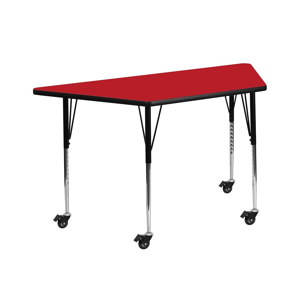 Mobile 22.5''W x 45''L Trapezoid Red HP Laminate Activity Table - Standard Height Adjustable Legs