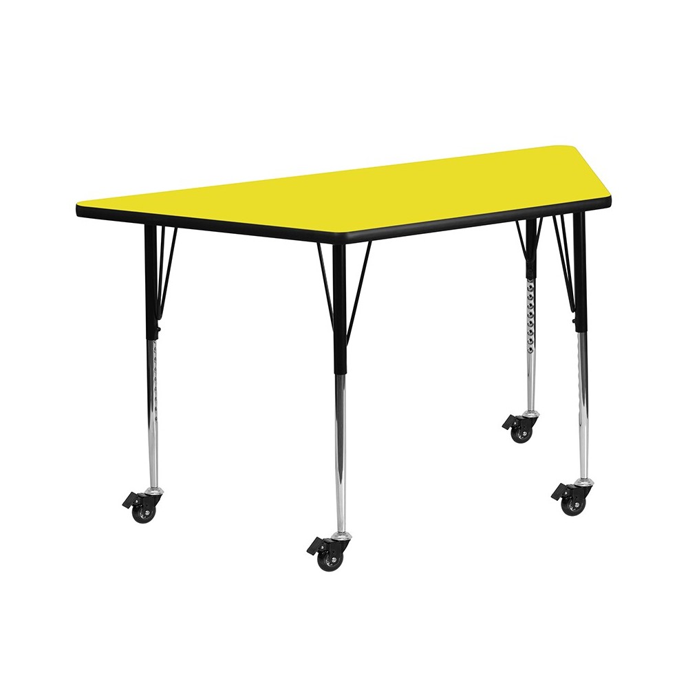 Mobile 22.5''W x 45''L Trapezoid Yellow HP Laminate Activity Table - Standard Height Adjustable Legs