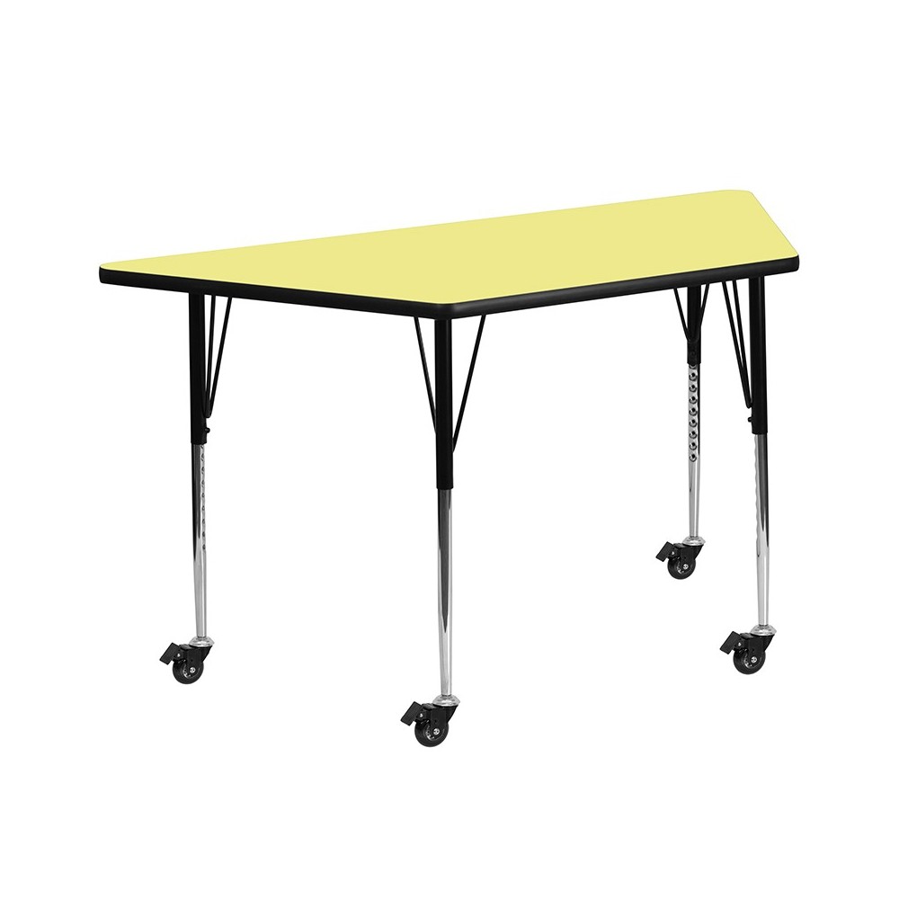 Mobile 29''W x 57''L Trapezoid Yellow Thermal Laminate Activity Table - Standard Height Adjustable Legs