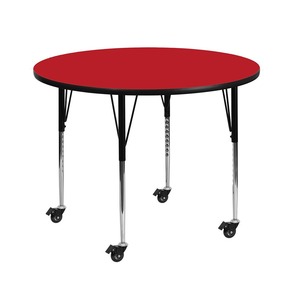 Mobile 48'' Round Red HP Laminate Activity Table - Standard Height Adjustable Legs