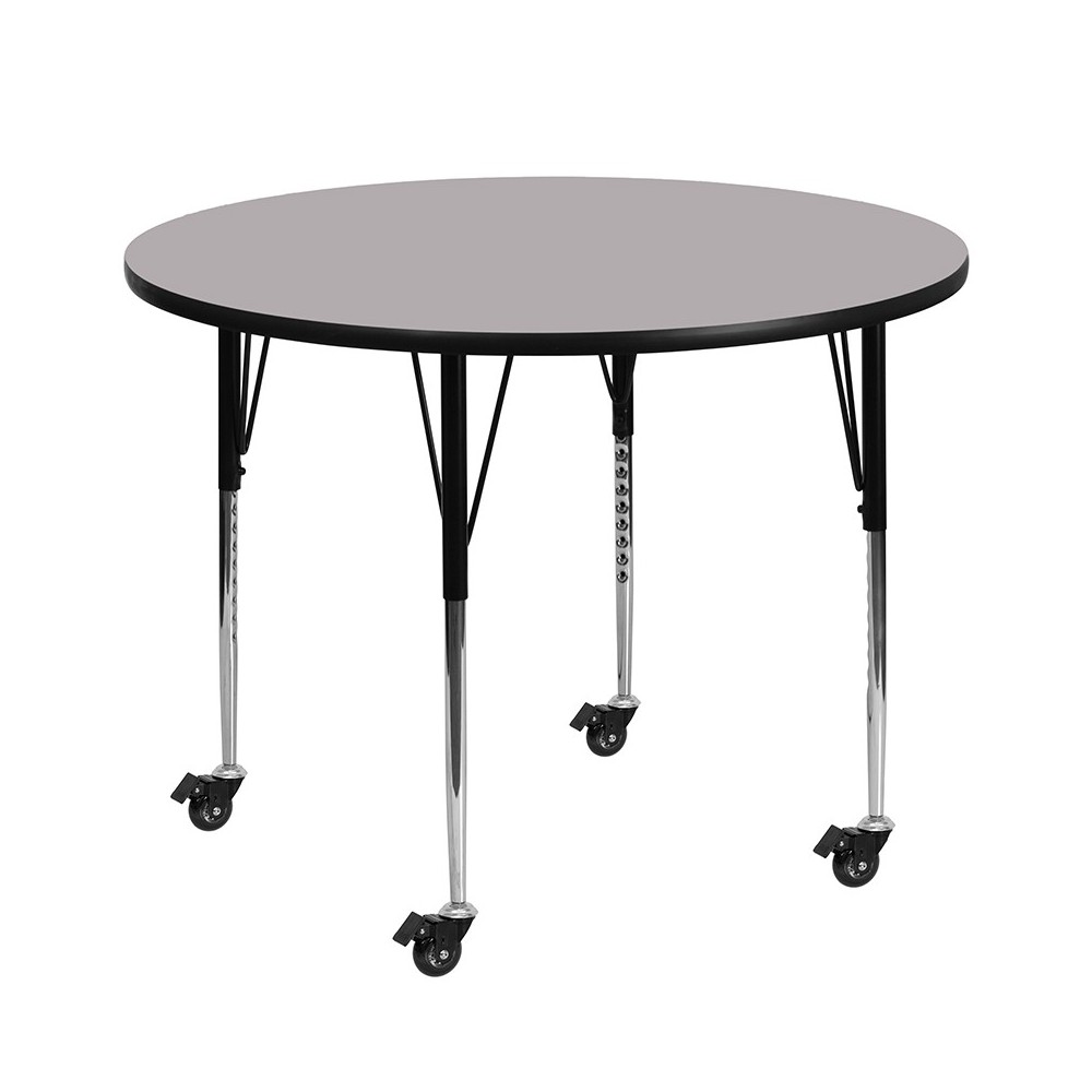 Mobile 60'' Round Grey Thermal Laminate Activity Table - Standard Height Adjustable Legs