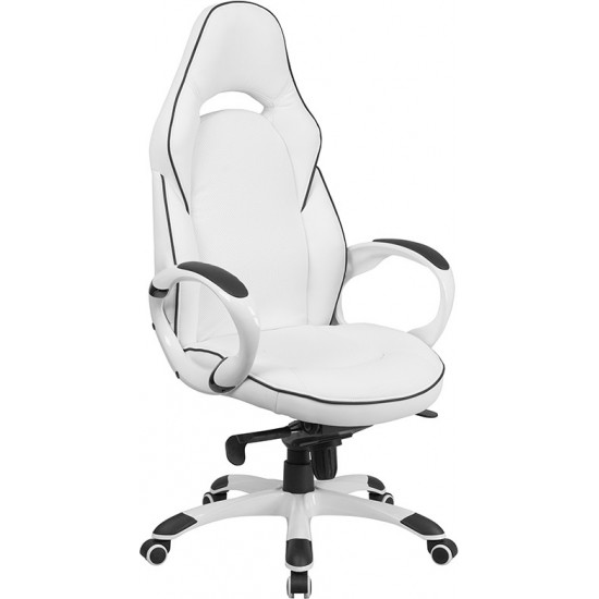 High Back White Vinyl Executive Swivel Office Chair with Black Trim and Arms