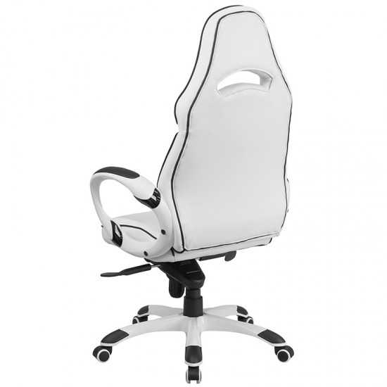 High Back White Vinyl Executive Swivel Office Chair with Black Trim and Arms