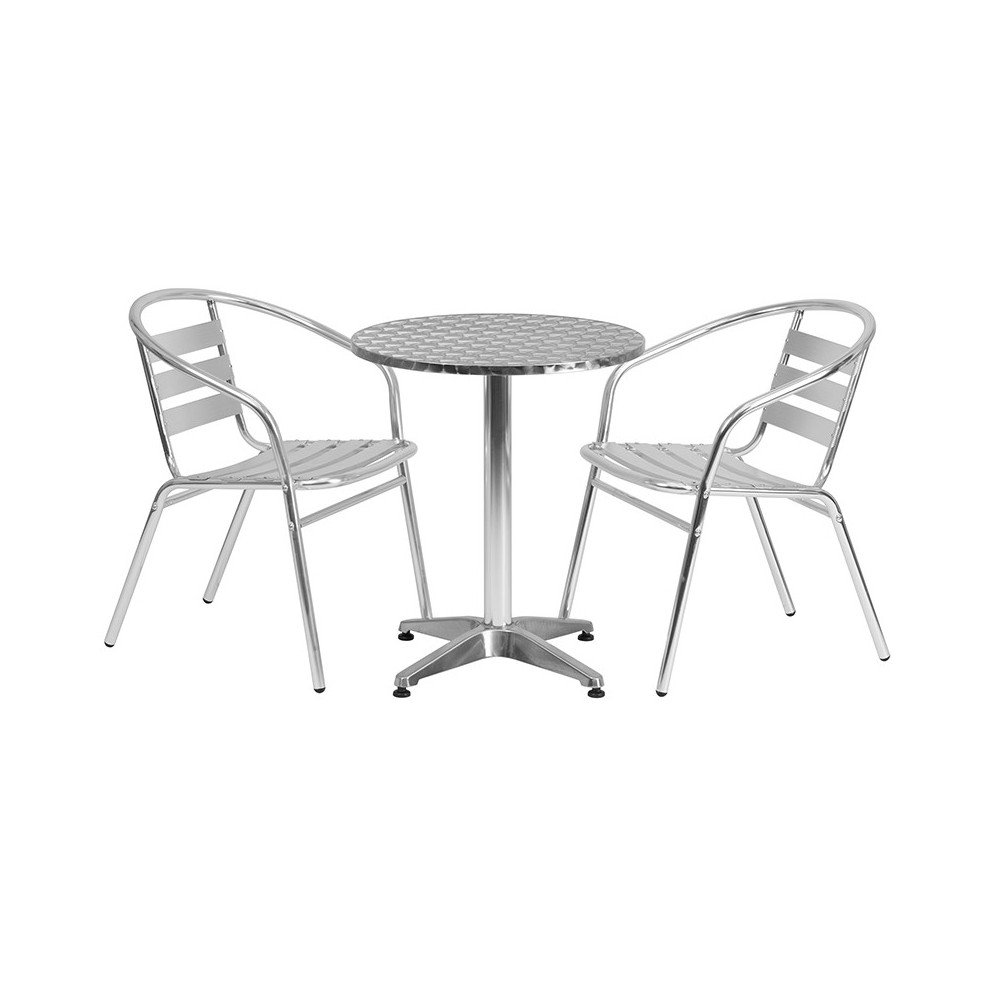 23.5'' Round Aluminum Indoor-Outdoor Table Set with 2 Slat Back Chairs