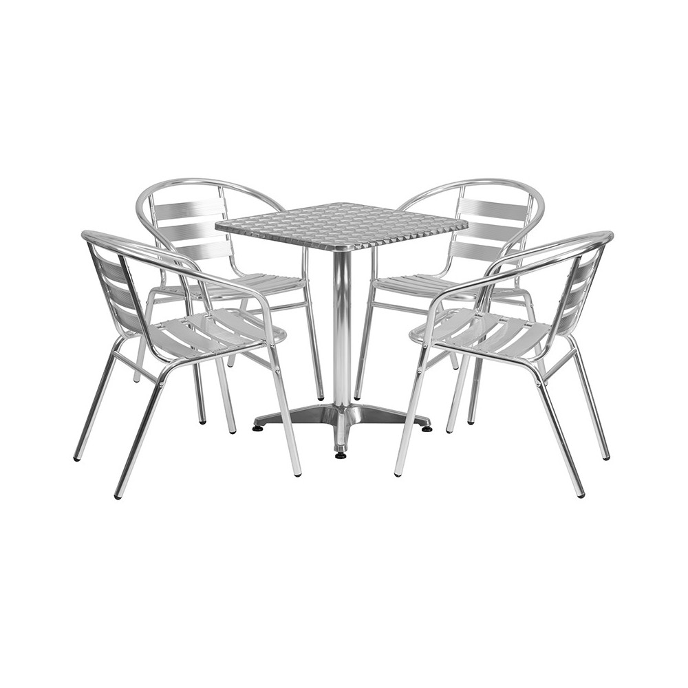 23.5'' Square Aluminum Indoor-Outdoor Table Set with 4 Slat Back Chairs