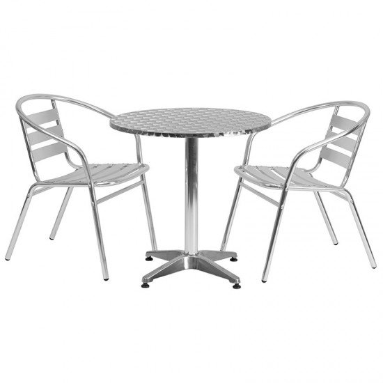 27.5'' Round Aluminum Indoor-Outdoor Table Set with 2 Slat Back Chairs