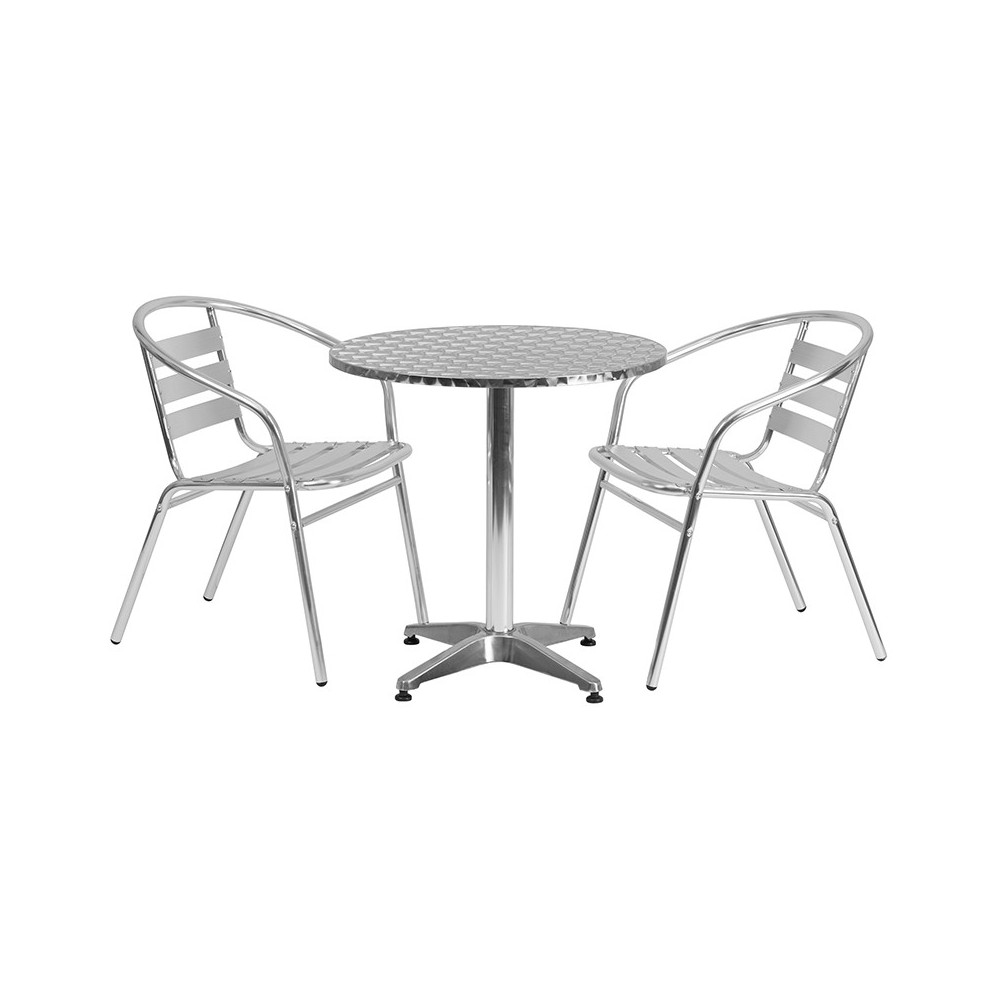 27.5'' Round Aluminum Indoor-Outdoor Table Set with 2 Slat Back Chairs