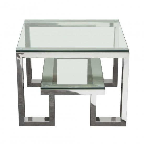 Carlsbad End Table with Clear Glass Top & Shelf with Stainless Steel Frame by Diamond Sofa