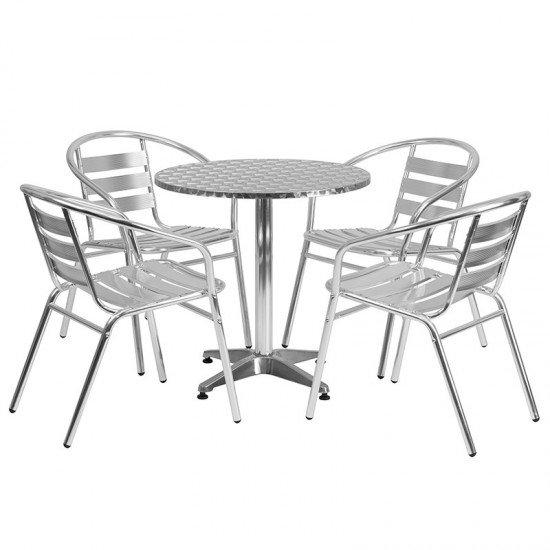 27.5'' Round Aluminum Indoor-Outdoor Table Set with 4 Slat Back Chairs