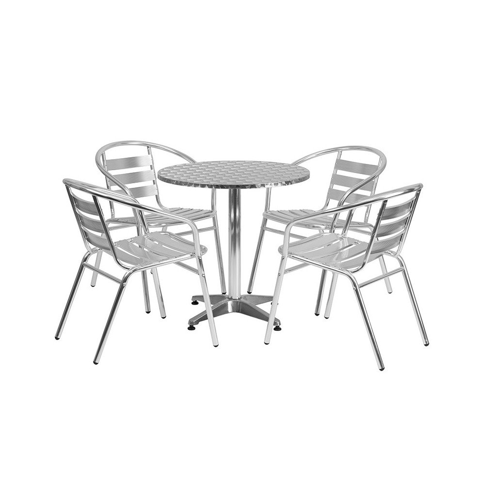 27.5'' Round Aluminum Indoor-Outdoor Table Set with 4 Slat Back Chairs