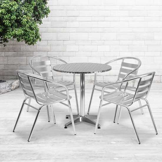 27.5'' Round Aluminum Indoor-Outdoor Table Set with 4 Slat Back Chairs