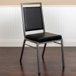 Square Back Stacking Banquet Chair in Black Vinyl with Silvervein Frame