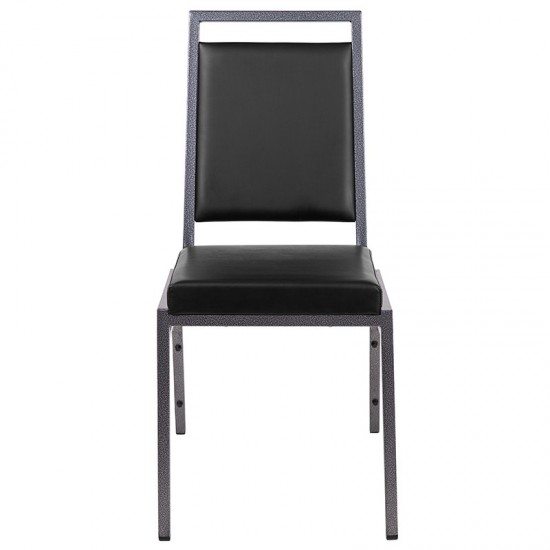 Square Back Stacking Banquet Chair in Black Vinyl with Silvervein Frame