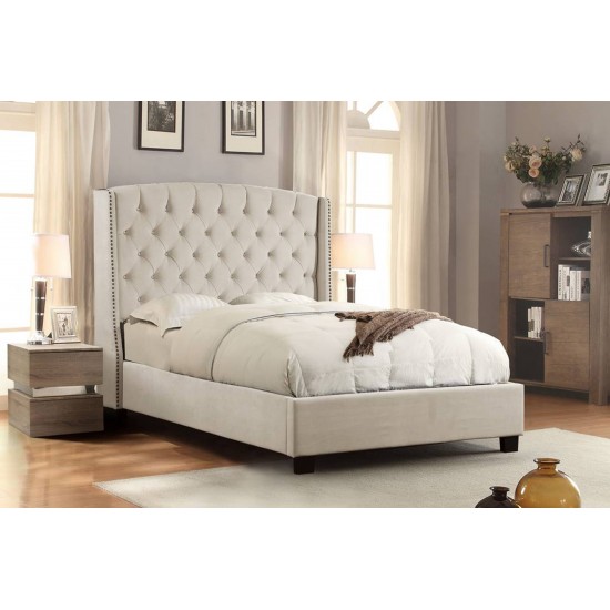 Majestic Eastern King Tufted Bed in Tan Velvet with Nail Head Wing Accents by Diamond Sofa