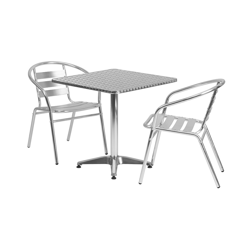 27.5'' Square Aluminum Indoor-Outdoor Table Set with 2 Slat Back Chairs