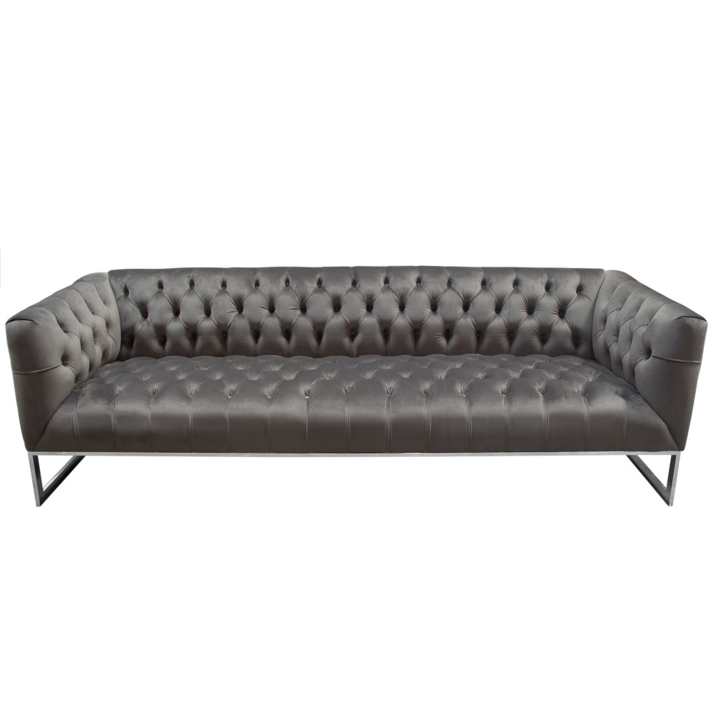 Crawford Tufted Sofa in Dusk Grey Velvet w/ Polished Metal Leg & Trim by Diamond Sofa