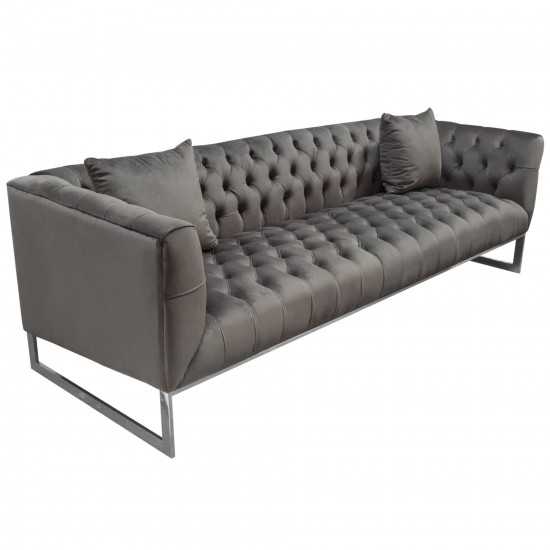 Crawford Tufted Sofa in Dusk Grey Velvet w/ Polished Metal Leg & Trim by Diamond Sofa