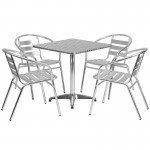 27.5\'\' Square Aluminum Indoor-Outdoor Table Set with 4 Slat Back Chairs