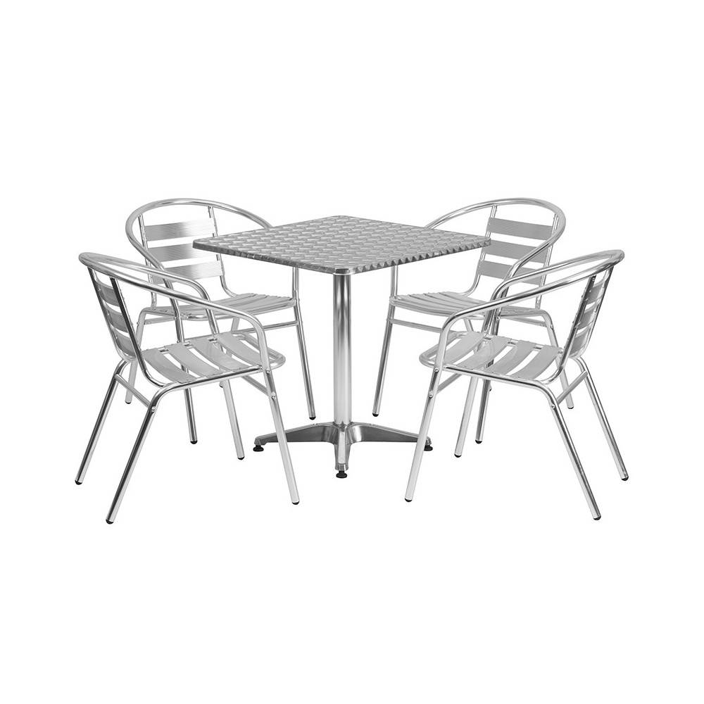 27.5'' Square Aluminum Indoor-Outdoor Table Set with 4 Slat Back Chairs