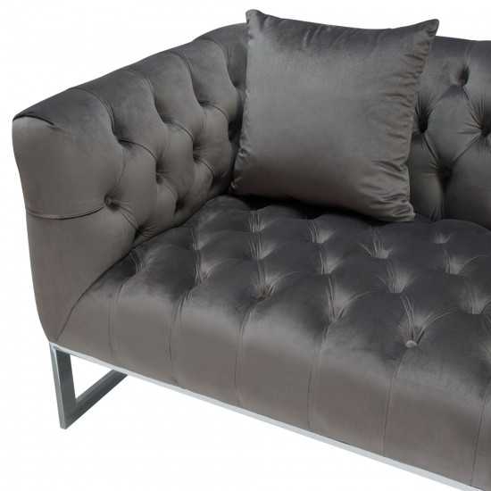 Crawford Tufted Sofa in Dusk Grey Velvet w/ Polished Metal Leg & Trim by Diamond Sofa