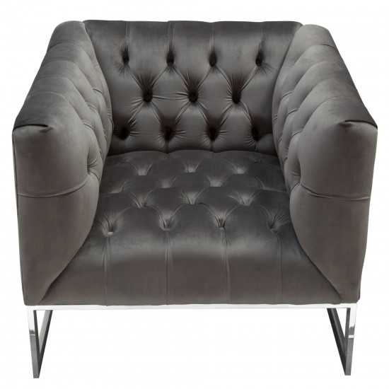 Crawford Tufted Chair in Dusk Grey Velvet w/ Polished Metal Leg & Trim by Diamond Sofa