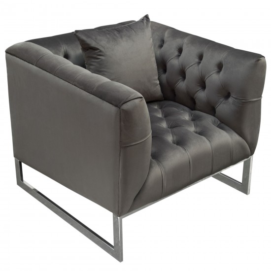 Crawford Tufted Chair in Dusk Grey Velvet w/ Polished Metal Leg & Trim by Diamond Sofa