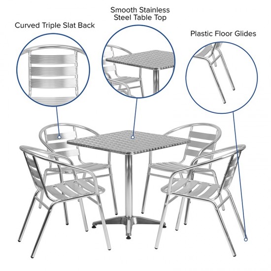 27.5'' Square Aluminum Indoor-Outdoor Table Set with 4 Slat Back Chairs