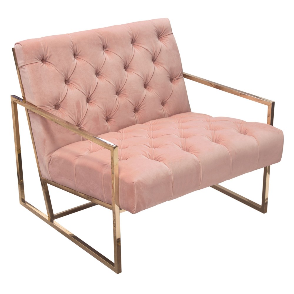 Luxe Accent Chair in Blush Pink Tufted Velvet Fabric with Polished Gold Stainless Steel Frame by Diamond Sofa