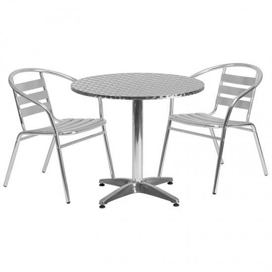 31.5'' Round Aluminum Indoor-Outdoor Table Set with 2 Slat Back Chairs