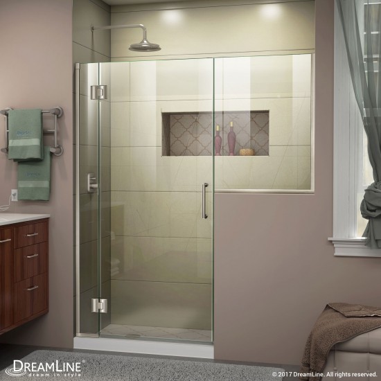 Unidoor-X 56-56 1/2 in. W x 72 in. H Frameless Hinged Shower Door in Brushed Nickel