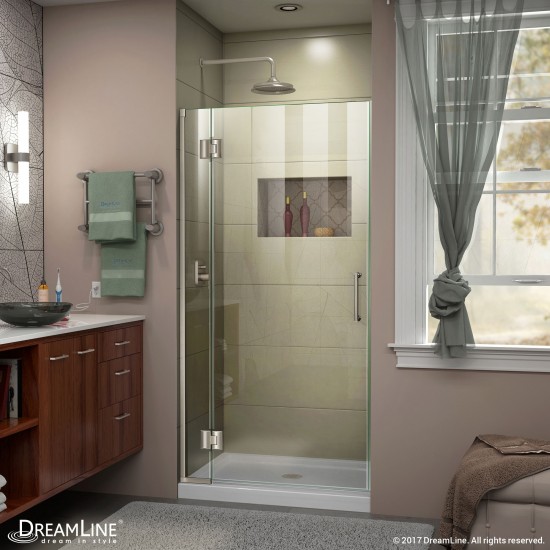 Unidoor-X 31 in. W x 72 in. H Frameless Hinged Shower Door in Brushed Nickel