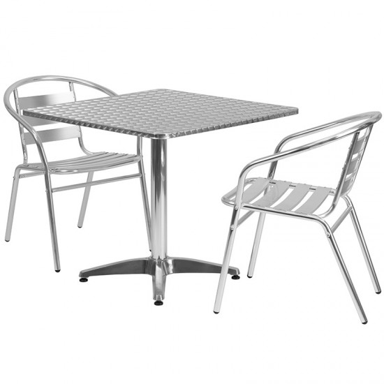 31.5'' Square Aluminum Indoor-Outdoor Table Set with 2 Slat Back Chairs