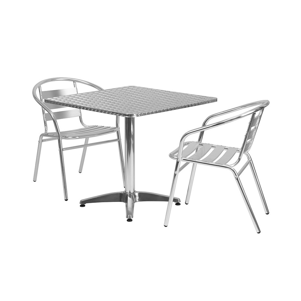 31.5'' Square Aluminum Indoor-Outdoor Table Set with 2 Slat Back Chairs