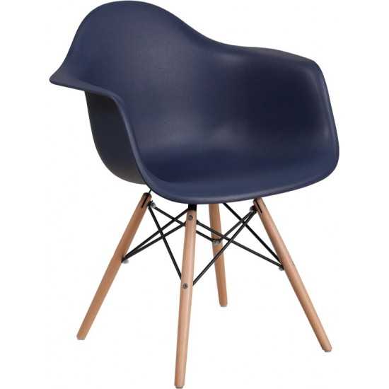 Alonza Series Navy Plastic Chair with Wooden Legs